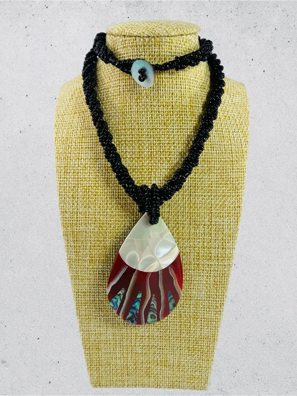 Boho Mother Of Pearl Abalone Teardrop Necklace Coconut Shell Black Seed Bead 16”